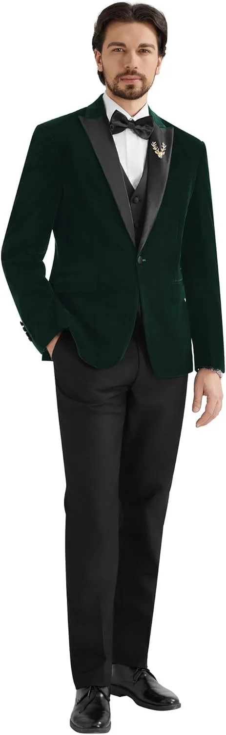 MAGE MALE Mens Velvet Suits Slim Fit Peak Lapel Tuxedo 3 Piece One Button Prom Party Banquet Blazer Vest Pants Set