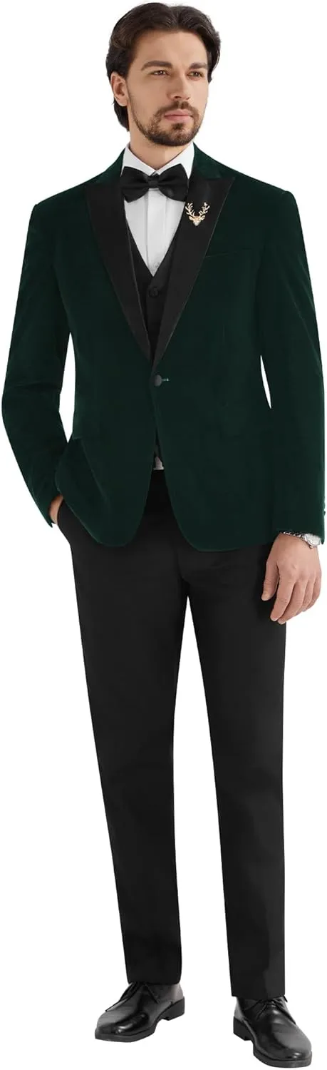 MAGE MALE Mens Velvet Suits Slim Fit Peak Lapel Tuxedo 3 Piece One Button Prom Party Banquet Blazer Vest Pants Set