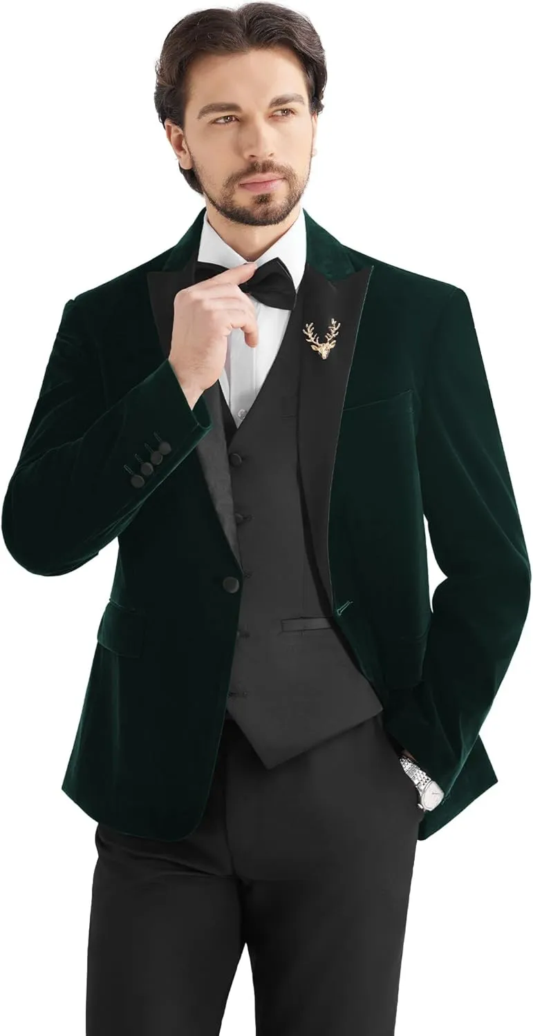 MAGE MALE Mens Velvet Suits Slim Fit Peak Lapel Tuxedo 3 Piece One Button Prom Party Banquet Blazer Vest Pants Set
