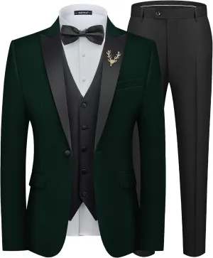 MAGE MALE Mens Velvet Suits Slim Fit Peak Lapel Tuxedo 3 Piece One Button Prom Party Banquet Blazer Vest Pants Set