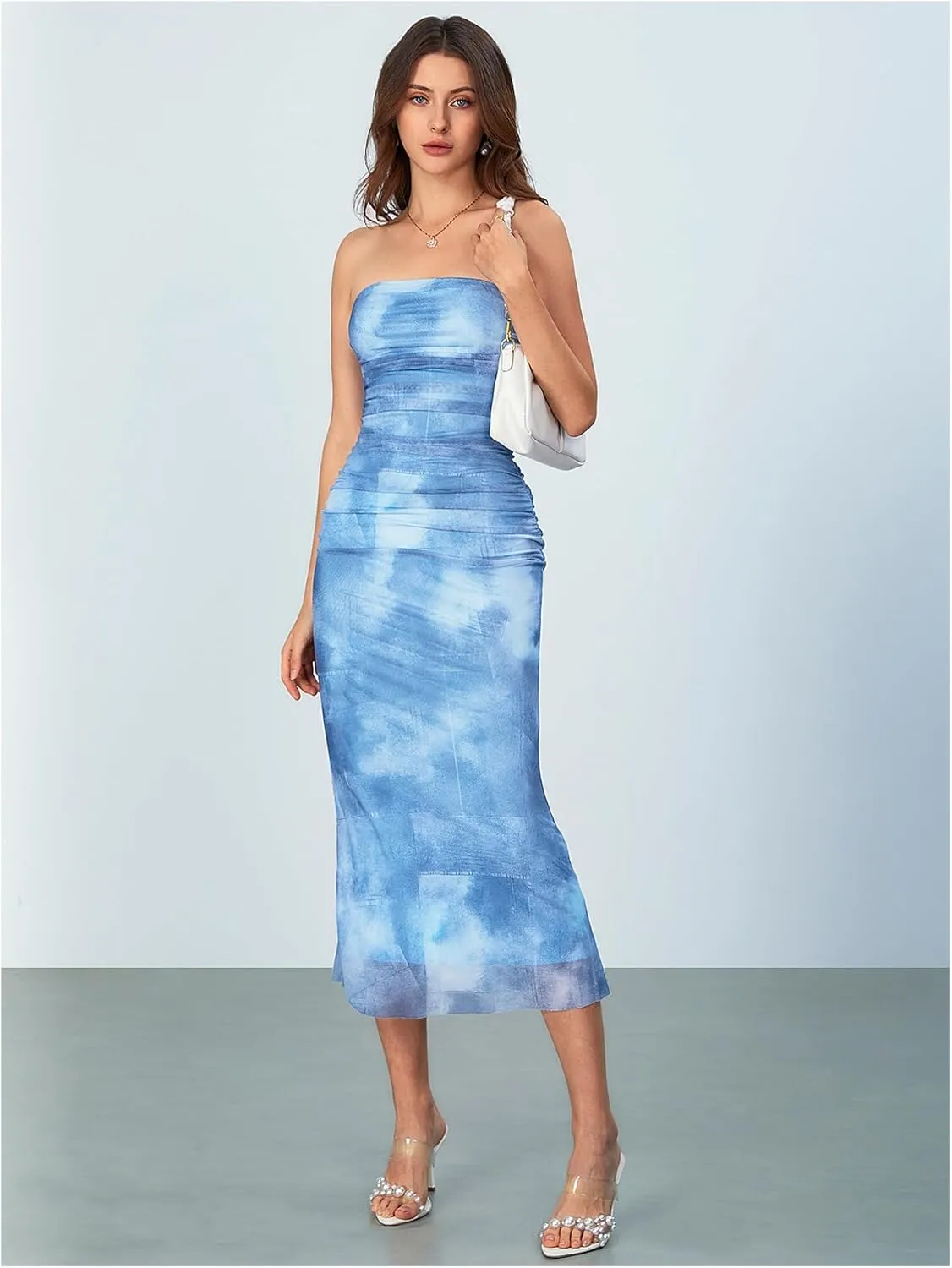 MakeMeChic Women's Strapless Maxi Dress Cocktail Mesh Ombre Bodycon Tube Dresses