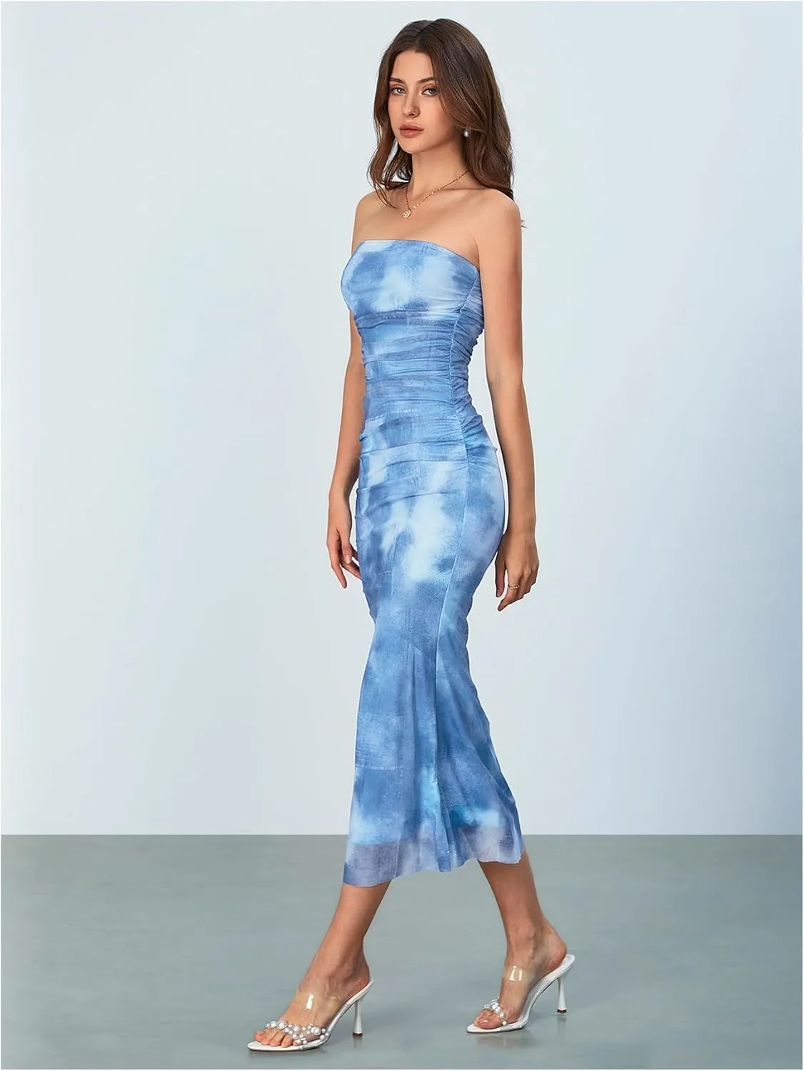 MakeMeChic Women's Strapless Maxi Dress Cocktail Mesh Ombre Bodycon Tube Dresses