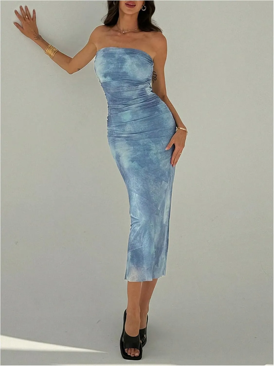 MakeMeChic Women's Strapless Maxi Dress Cocktail Mesh Ombre Bodycon Tube Dresses