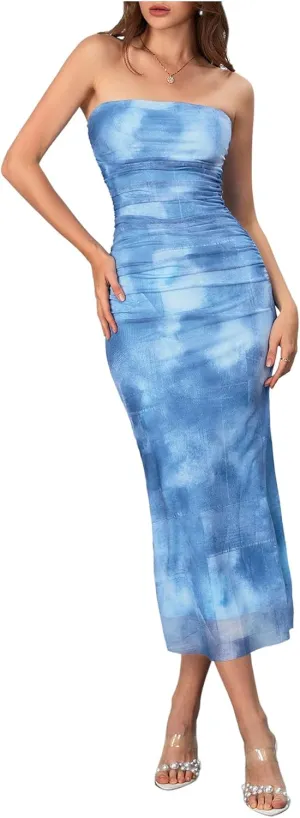 MakeMeChic Women's Strapless Maxi Dress Cocktail Mesh Ombre Bodycon Tube Dresses