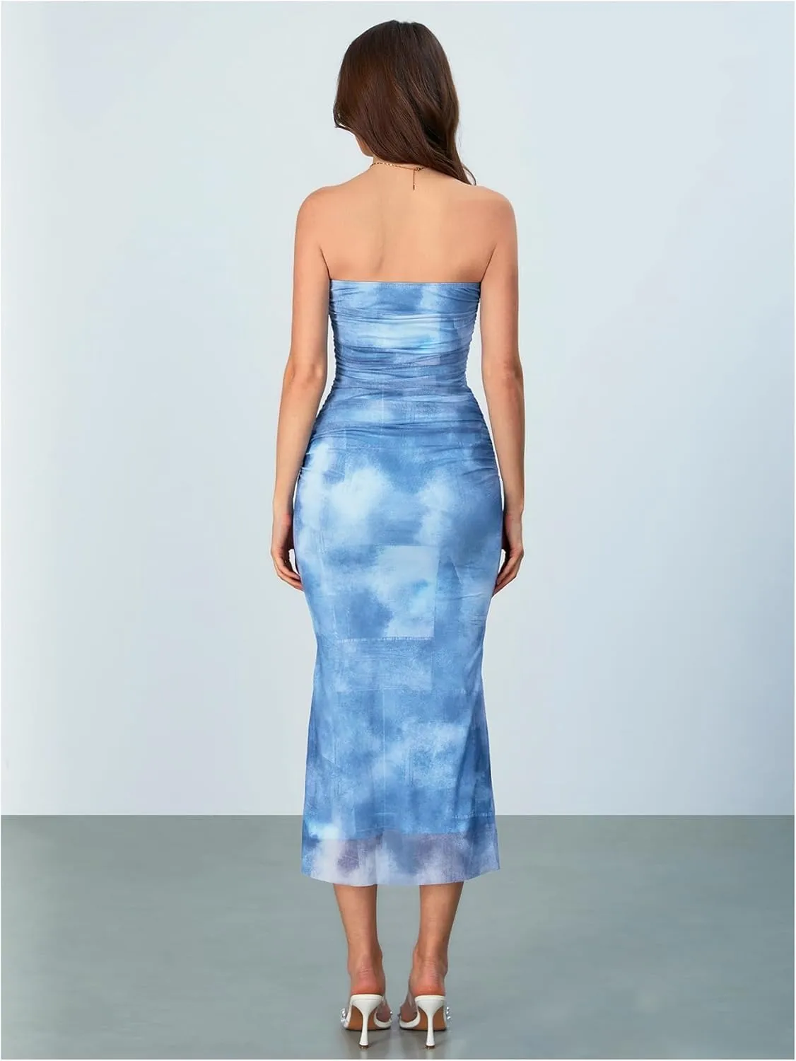 MakeMeChic Women's Strapless Maxi Dress Cocktail Mesh Ombre Bodycon Tube Dresses