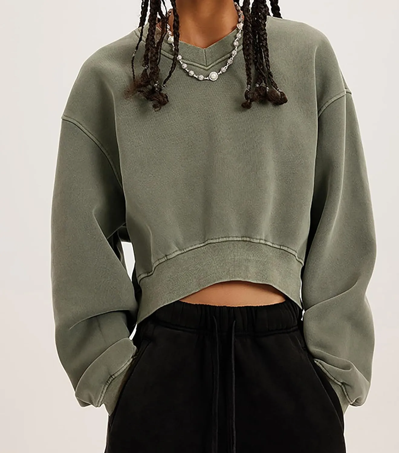 Meladyan Women Casual Cropped Sweatshirt Basic Solid Long Sleeve Fleece V Neck Loose Drop Shoulder Pullover Crop Tops Vintage