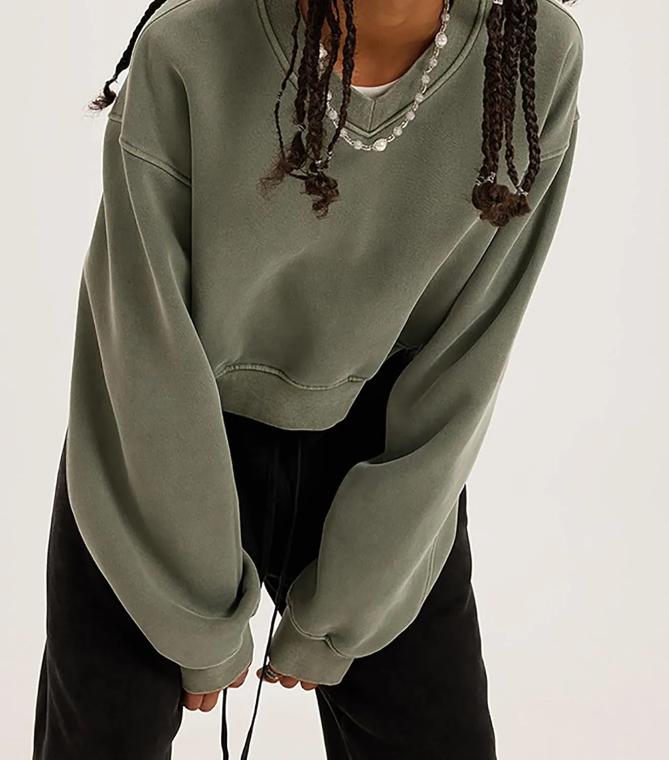 Meladyan Women Casual Cropped Sweatshirt Basic Solid Long Sleeve Fleece V Neck Loose Drop Shoulder Pullover Crop Tops Vintage