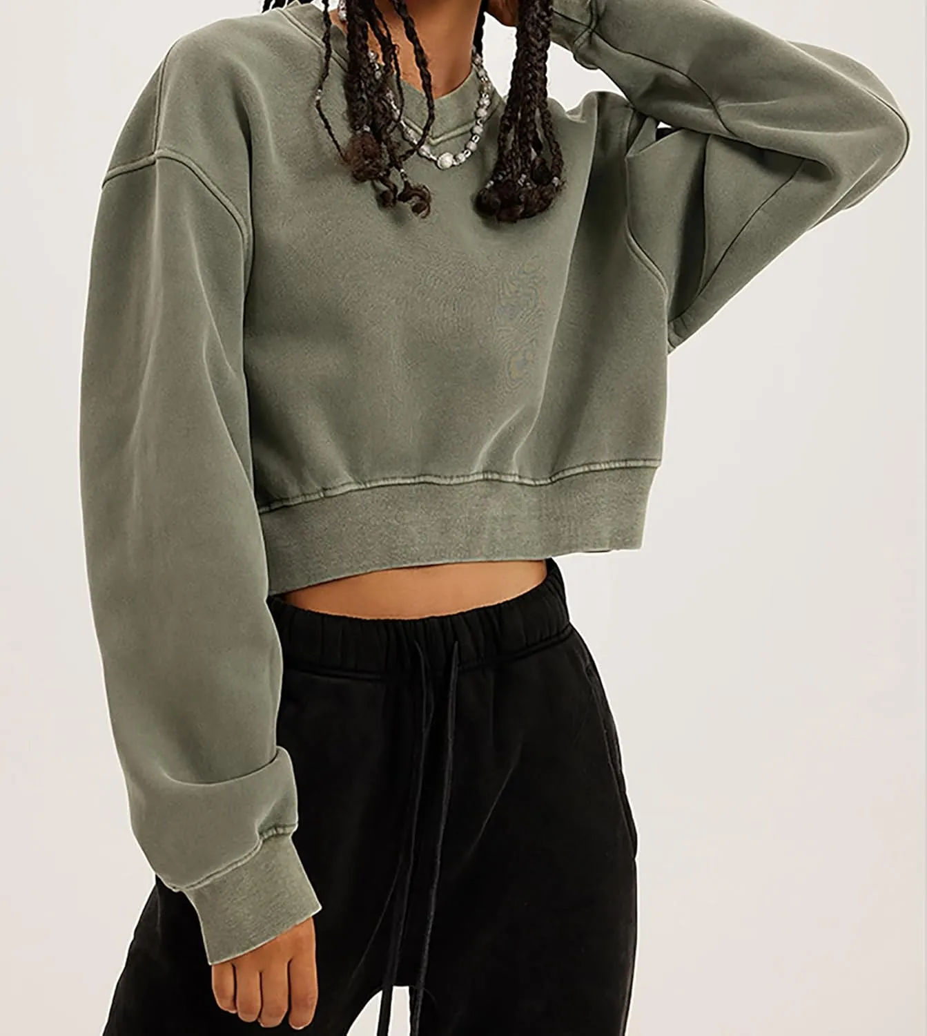 Meladyan Women Casual Cropped Sweatshirt Basic Solid Long Sleeve Fleece V Neck Loose Drop Shoulder Pullover Crop Tops Vintage