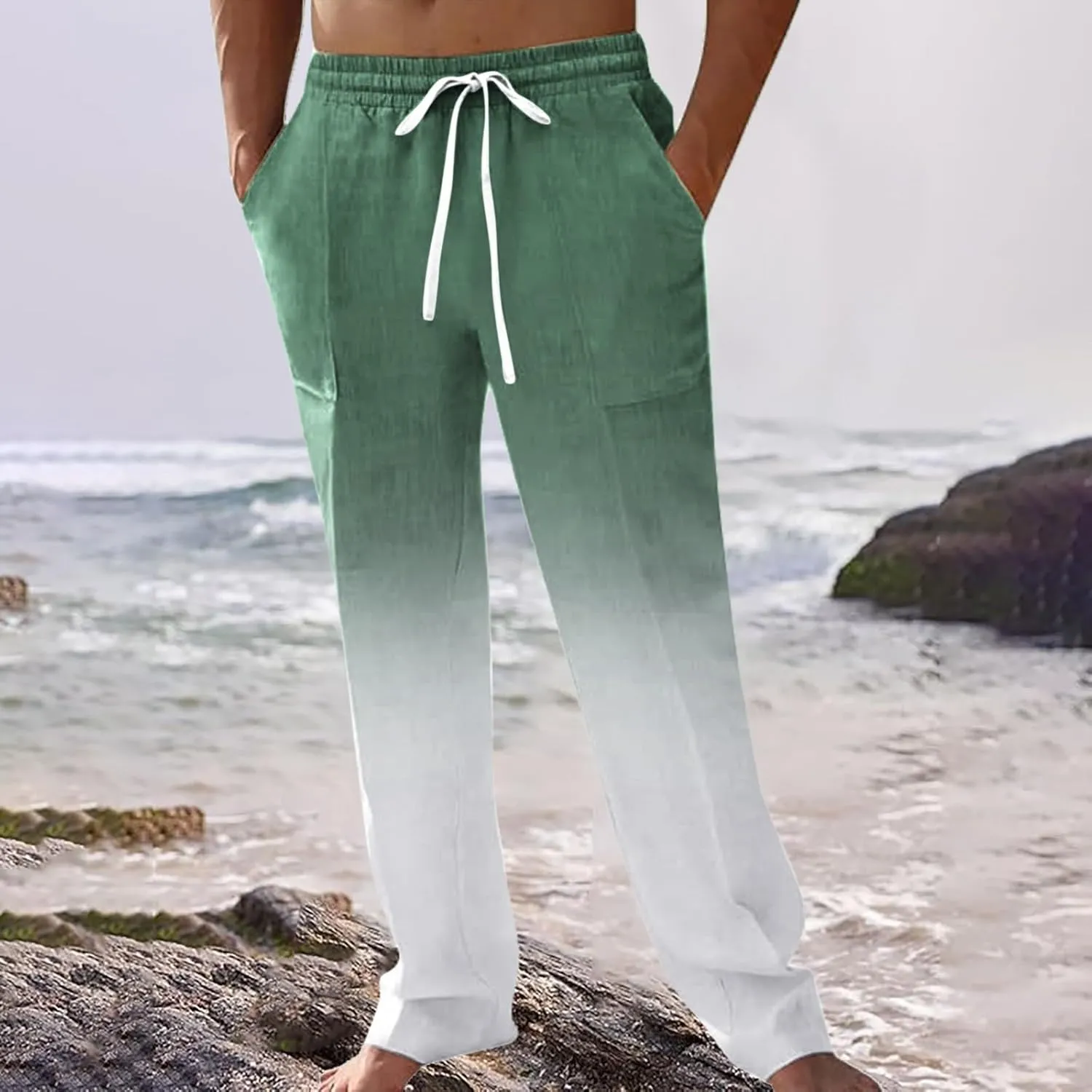 Mens Cotton Linen Drawstring Pants Casual Drawstring Summer Beach Pants Lightweight Breathable Trousers with Pockets