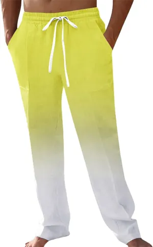 Mens Cotton Linen Drawstring Pants Casual Drawstring Summer Beach Pants Lightweight Breathable Trousers with Pockets