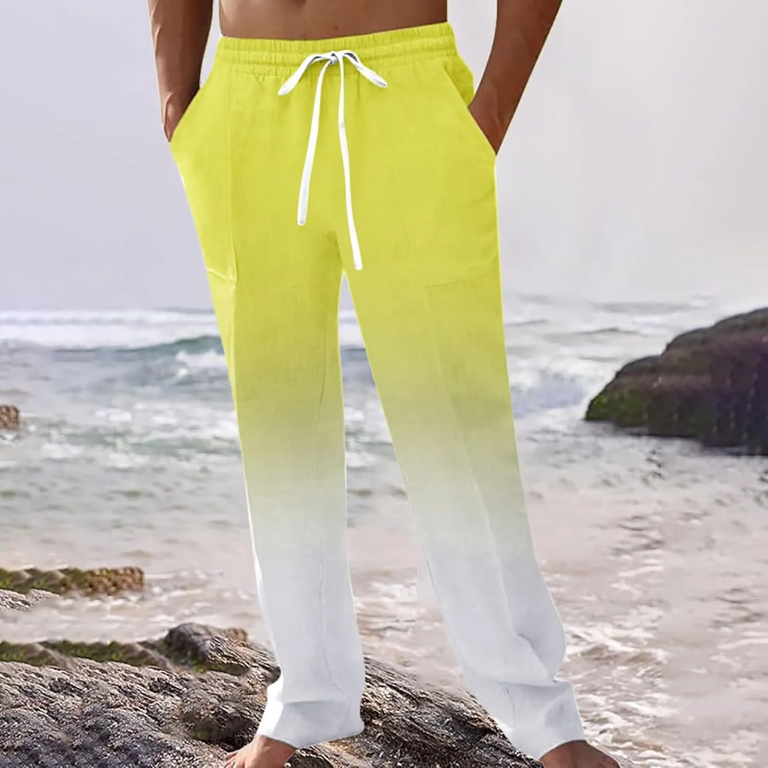 Mens Cotton Linen Drawstring Pants Casual Drawstring Summer Beach Pants Lightweight Breathable Trousers with Pockets
