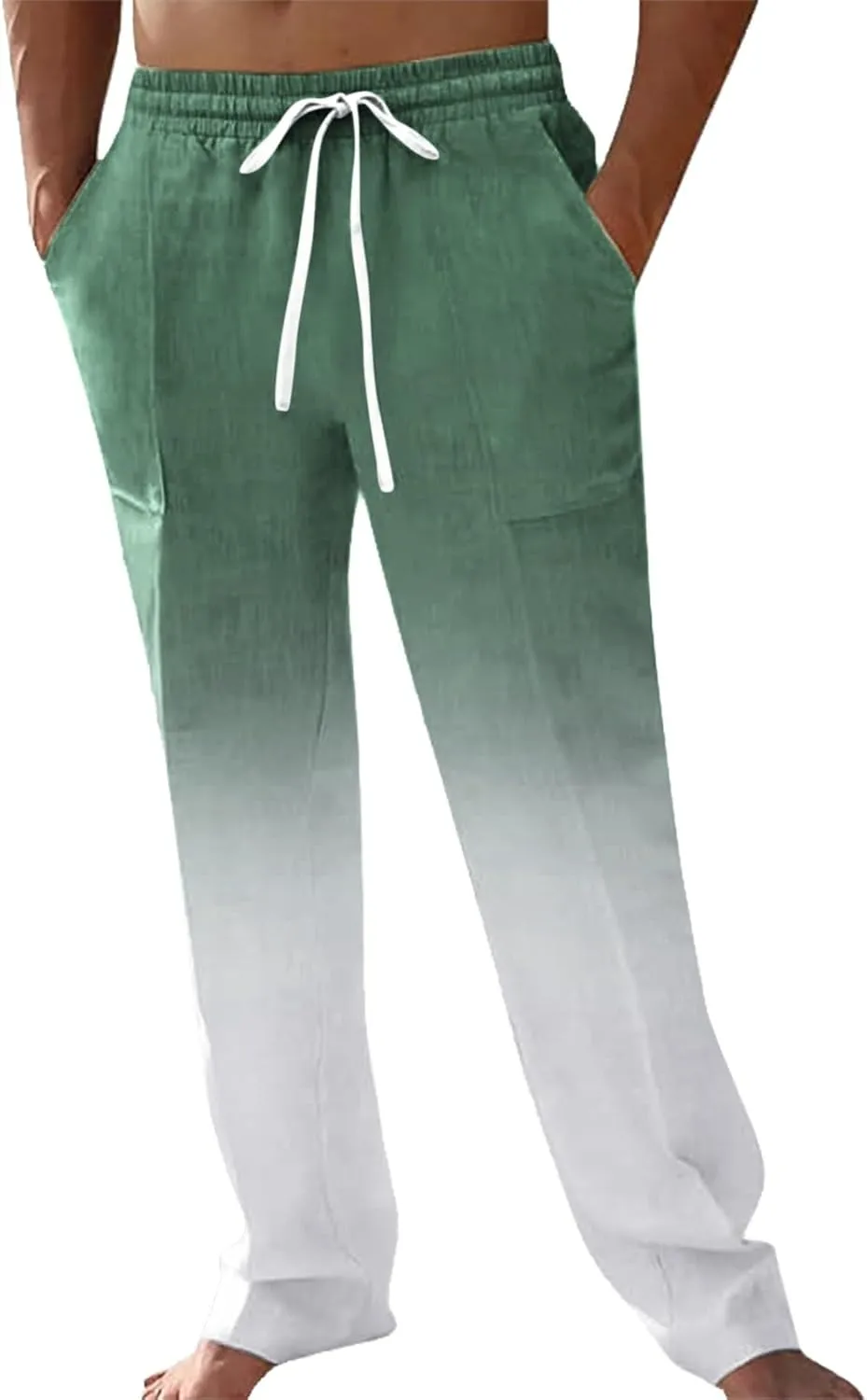 Mens Cotton Linen Drawstring Pants Casual Drawstring Summer Beach Pants Lightweight Breathable Trousers with Pockets