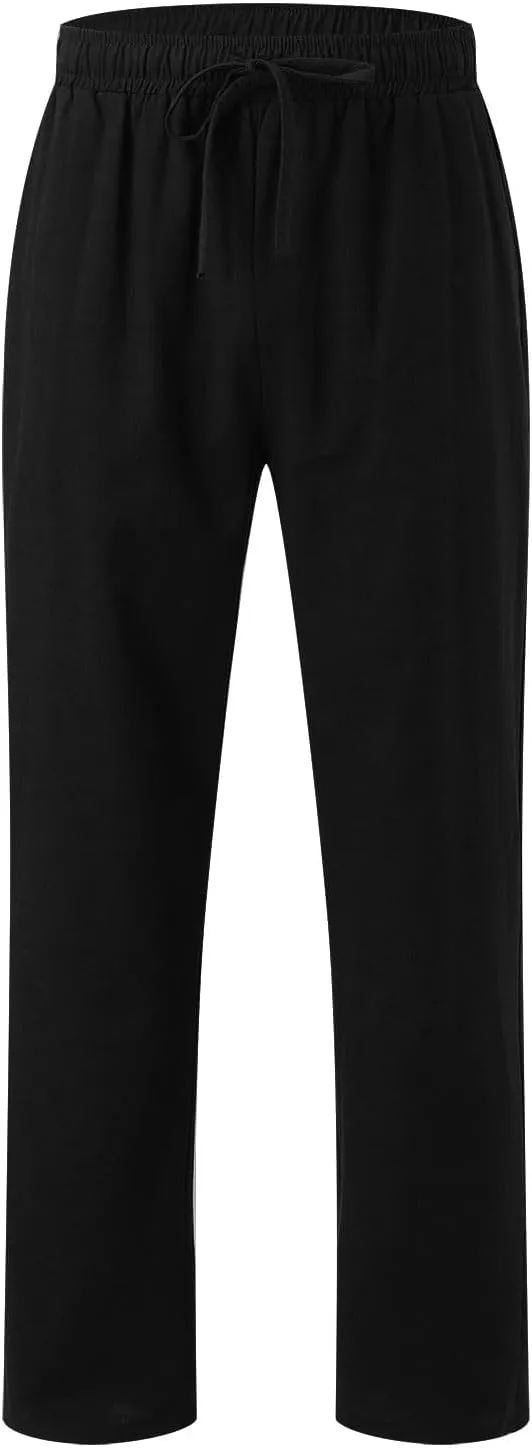 Men's Slim-Fit Slacks Drawstring Linen Pants Drawstring Linen Pants for Beach Yoga Workout Breathable Summer Pants