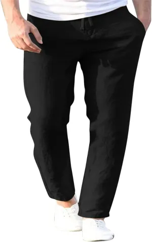 Men's Slim-Fit Slacks Drawstring Linen Pants Drawstring Linen Pants for Beach Yoga Workout Breathable Summer Pants