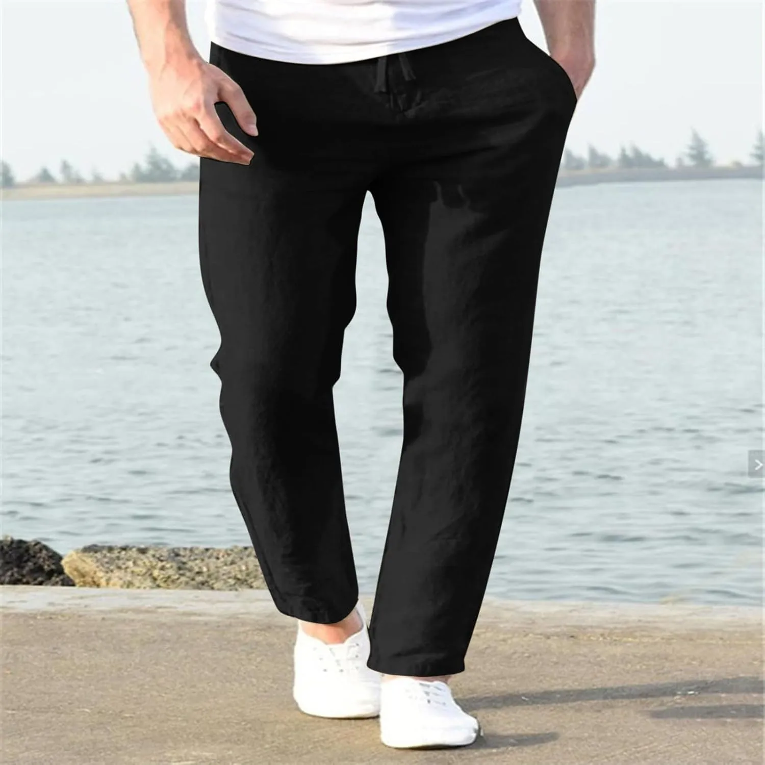 Men's Slim-Fit Slacks Drawstring Linen Pants Drawstring Linen Pants for Beach Yoga Workout Breathable Summer Pants