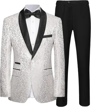 Mens Suit Set 2 Piece Floral Suits for Men Wedding Tuxedo Prom Party Dinner Jacket and Pants