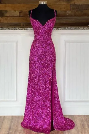 Mermaid Long New Elegant V Neck Sequin with Slit Prom Dresses