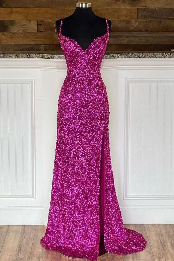 Mermaid Long New Elegant V Neck Sequin with Slit Prom Dresses