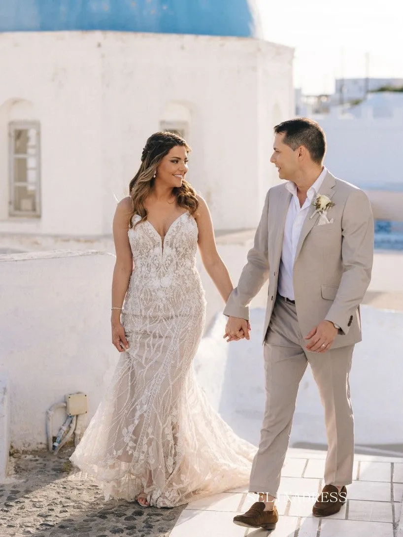 Mermaid Spaghetti Straps Lace Wedding Dresses Elegant Beaded Bridal Gown EWR803