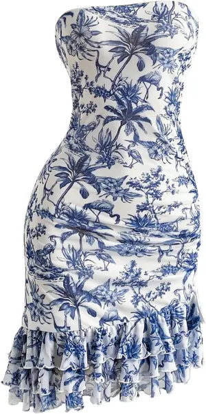 Milumia Women's Floral Print Strapless Tube Dress Ruched Ruffle Hem Bodycon Mini Dresses