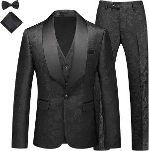 MOGU Mens 3 Piece Tuxedo Slim Fit Jacquard Floral Vintage Groomsmen Wedding Prom Suit