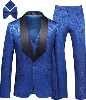 MOGU Mens 3 Piece Tuxedo Slim Fit Jacquard Floral Vintage Groomsmen Wedding Prom Suit