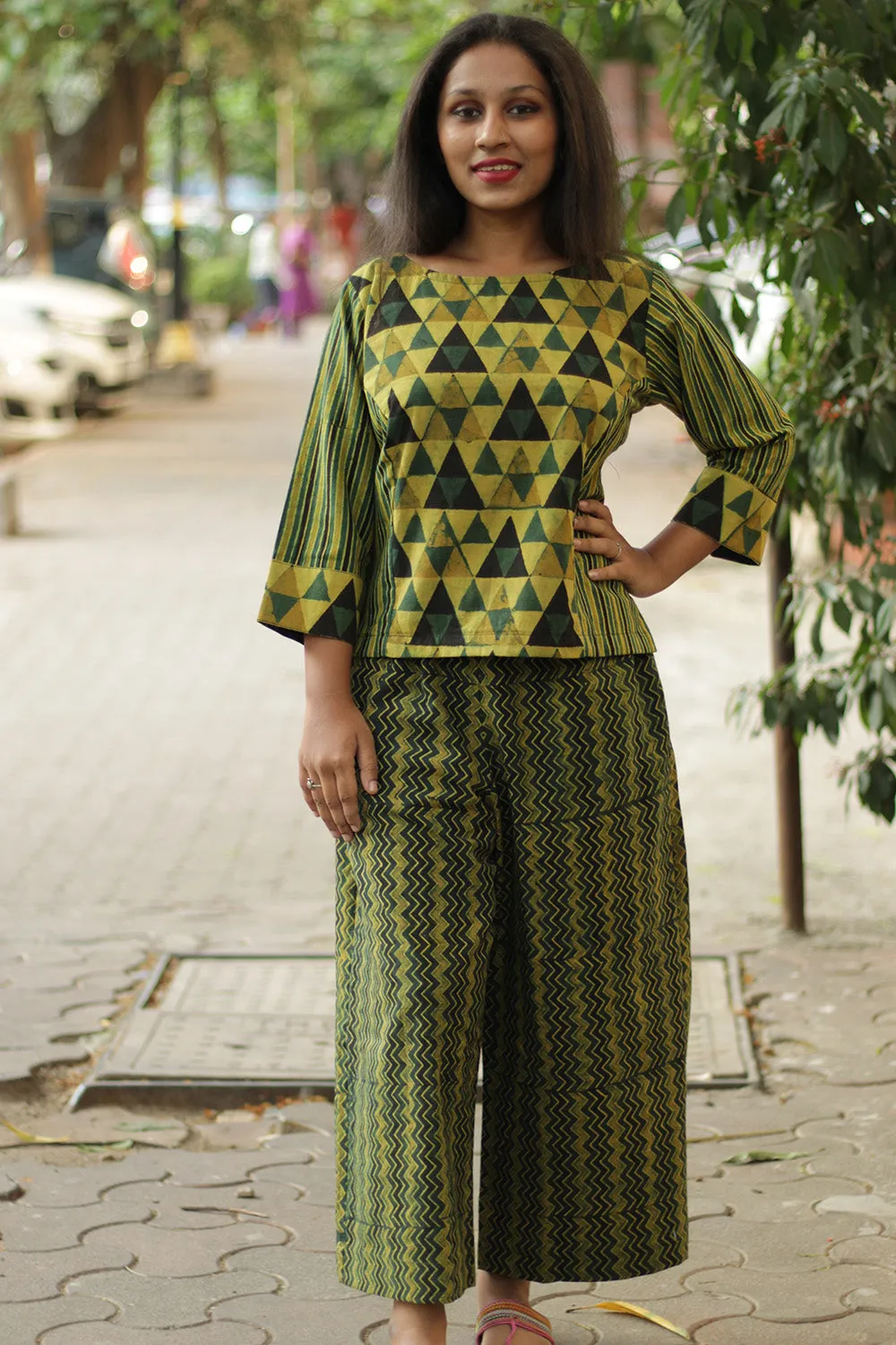 Mrittika | Crop Top | Mustard & Green Trikon Ajrakh