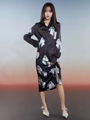 MUKZIN Printed Slim-fitting Slit Retro Versatile High-quality Skirt