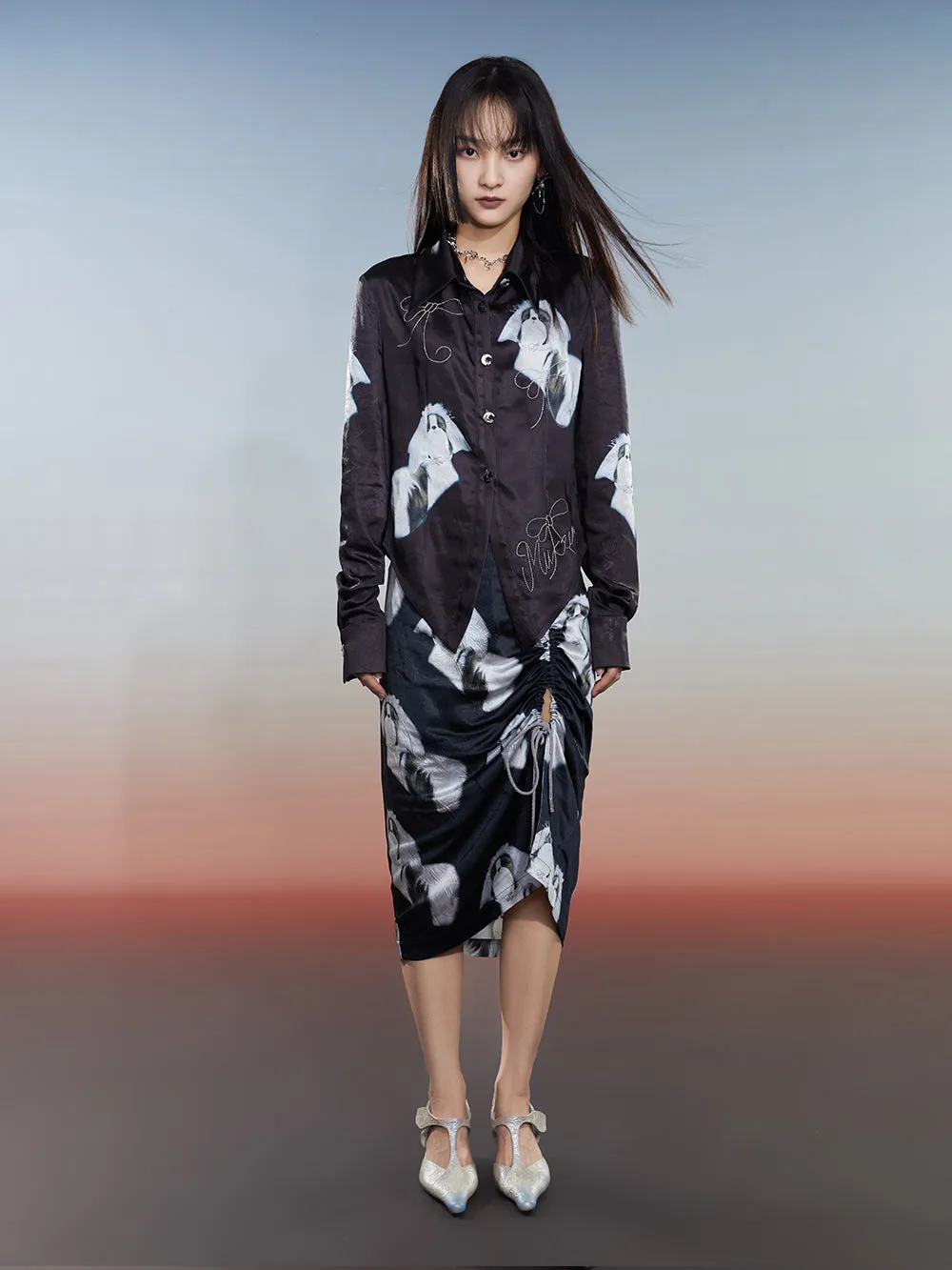 MUKZIN Printed Slim-fitting Slit Retro Versatile High-quality Skirt