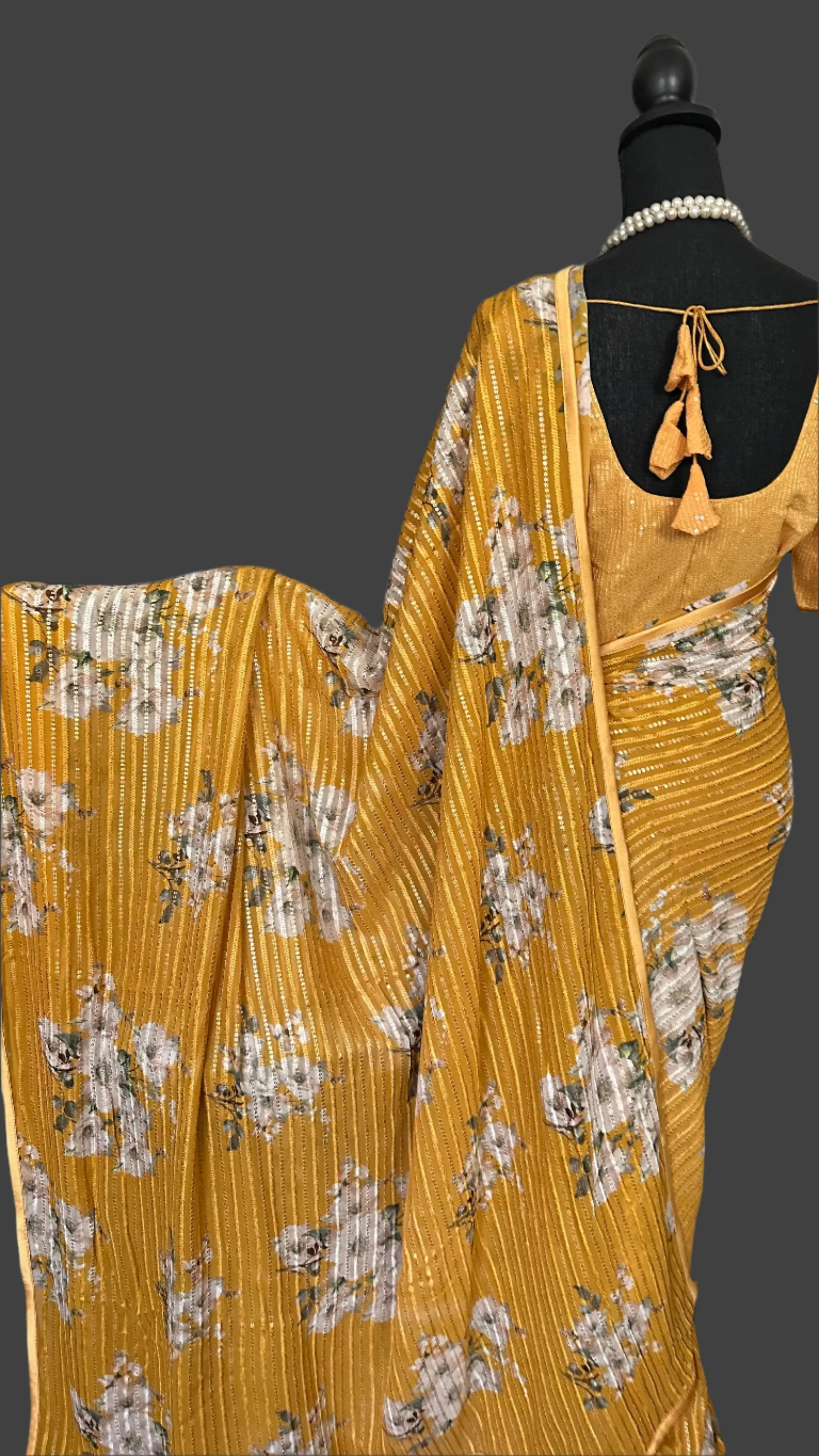 Mustard  Sequin georgette saree digital print with prestitched blouses