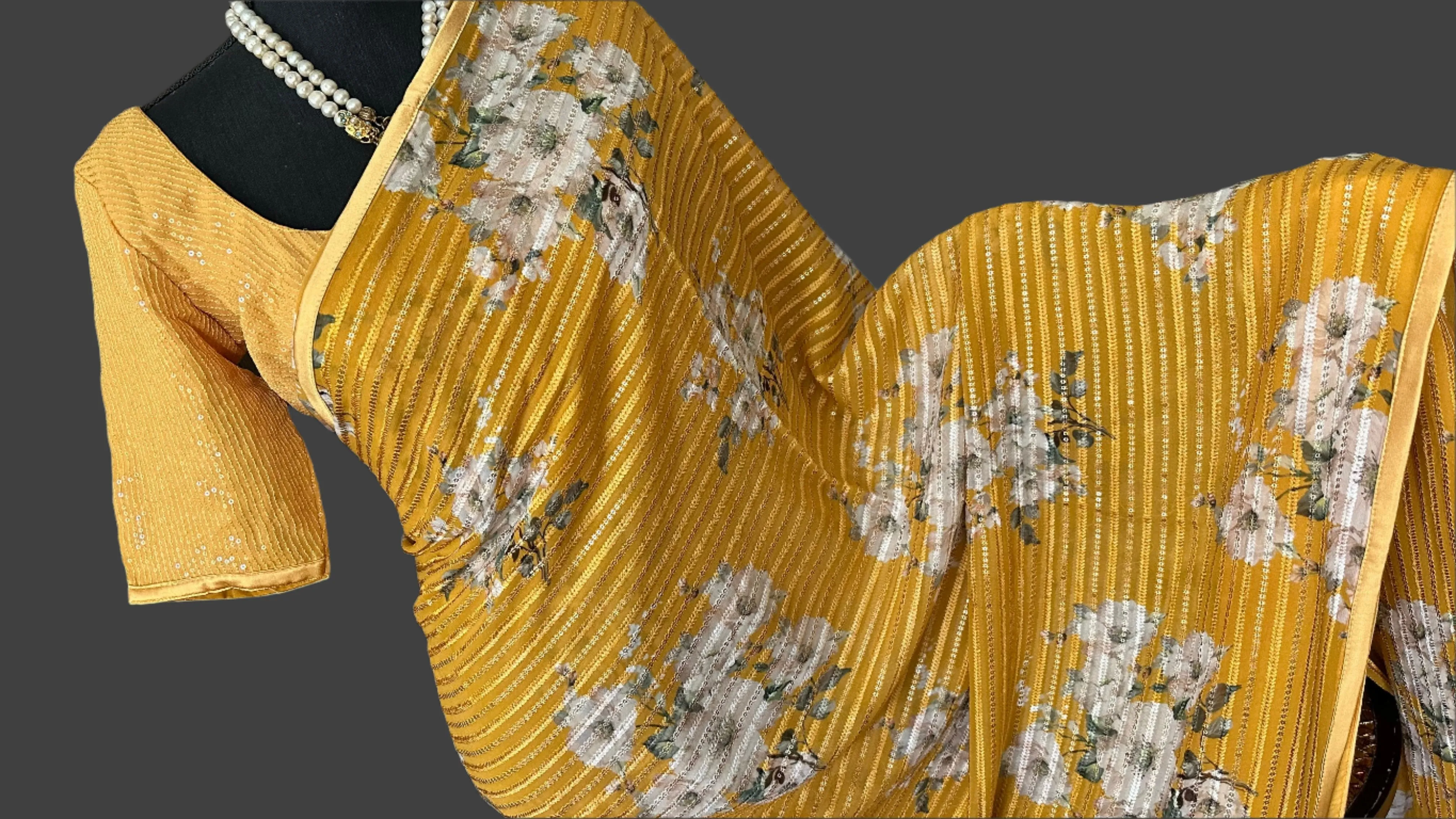 Mustard  Sequin georgette saree digital print with prestitched blouses