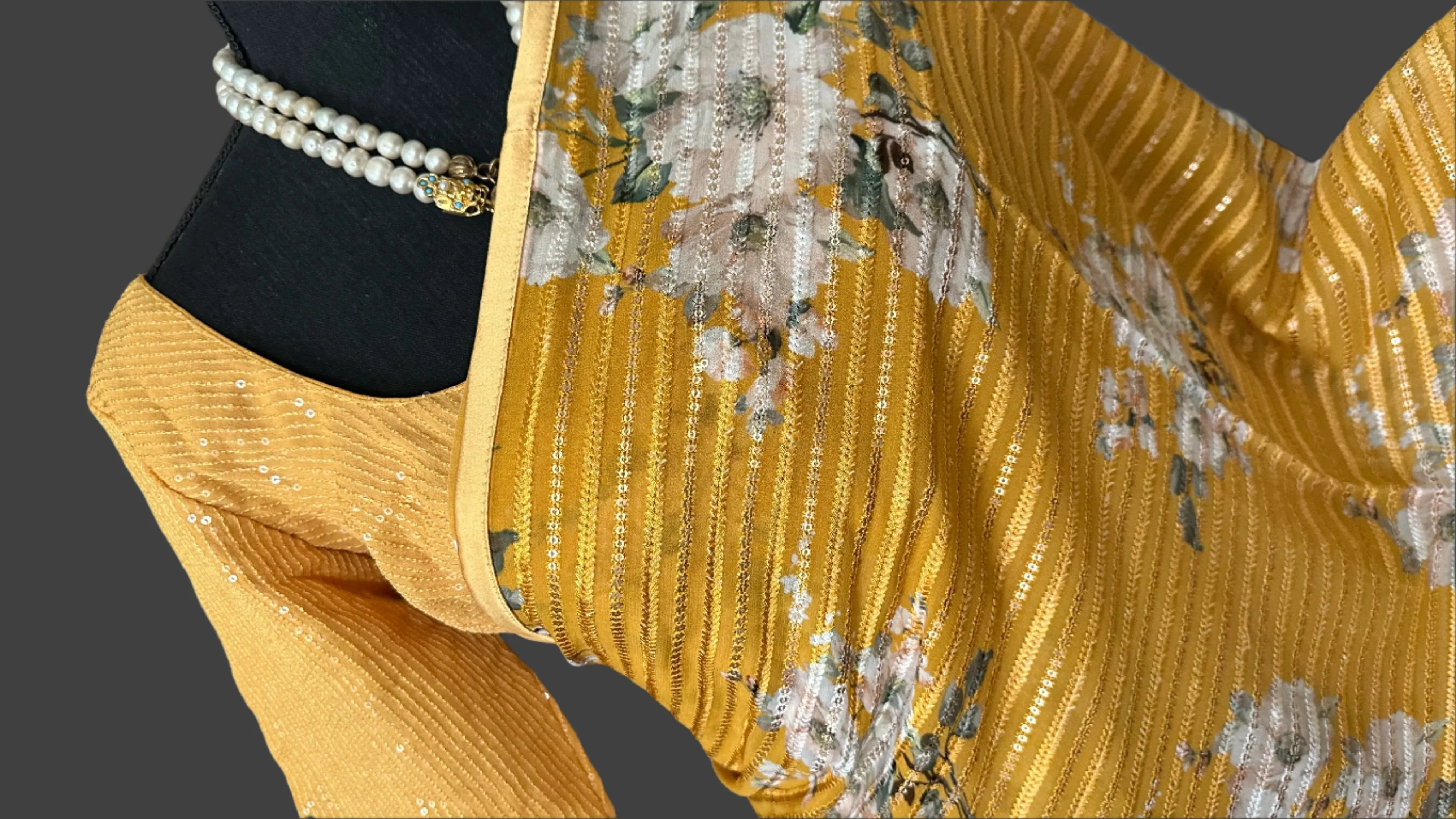 Mustard  Sequin georgette saree digital print with prestitched blouses