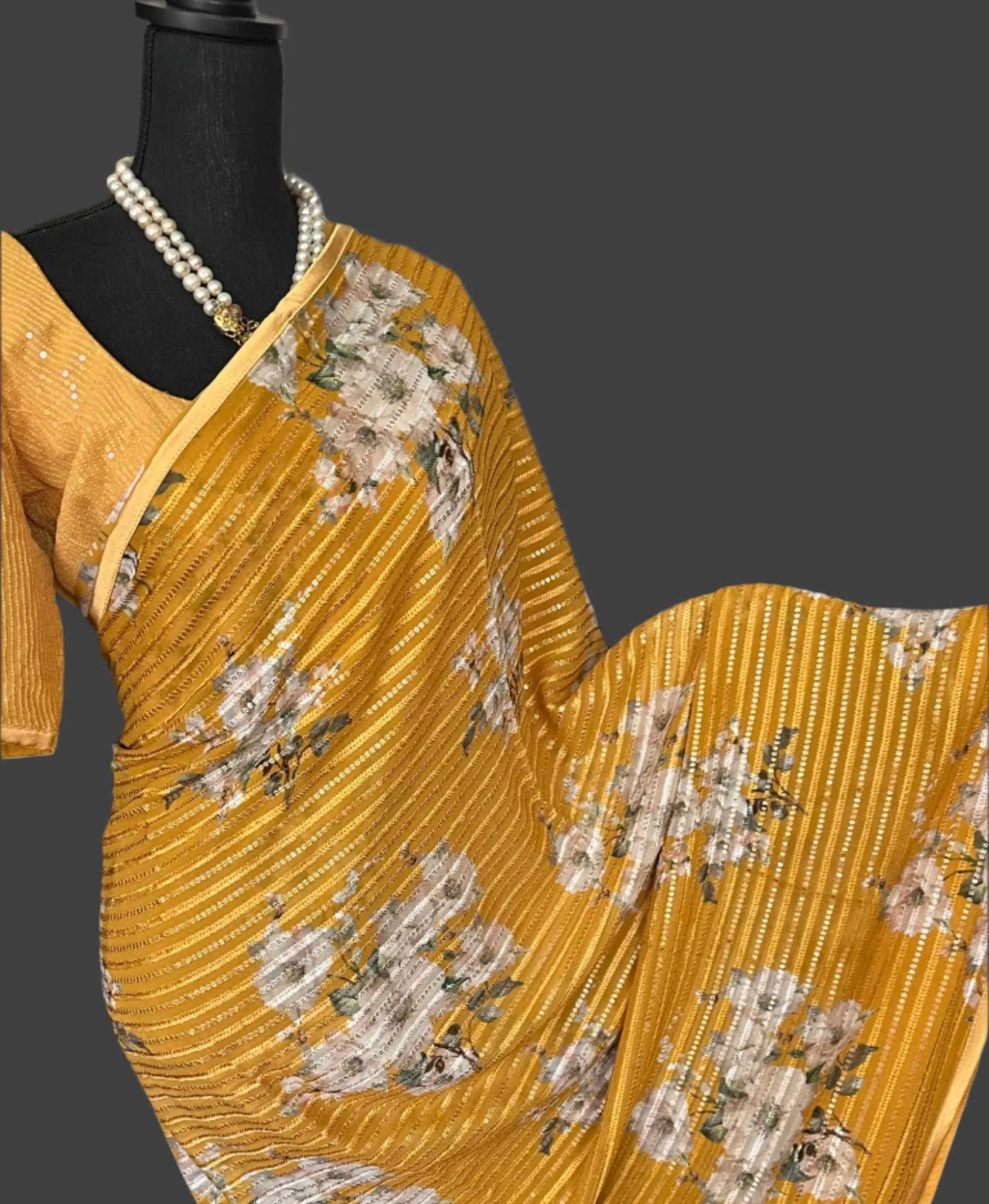 Mustard  Sequin georgette saree digital print with prestitched blouses