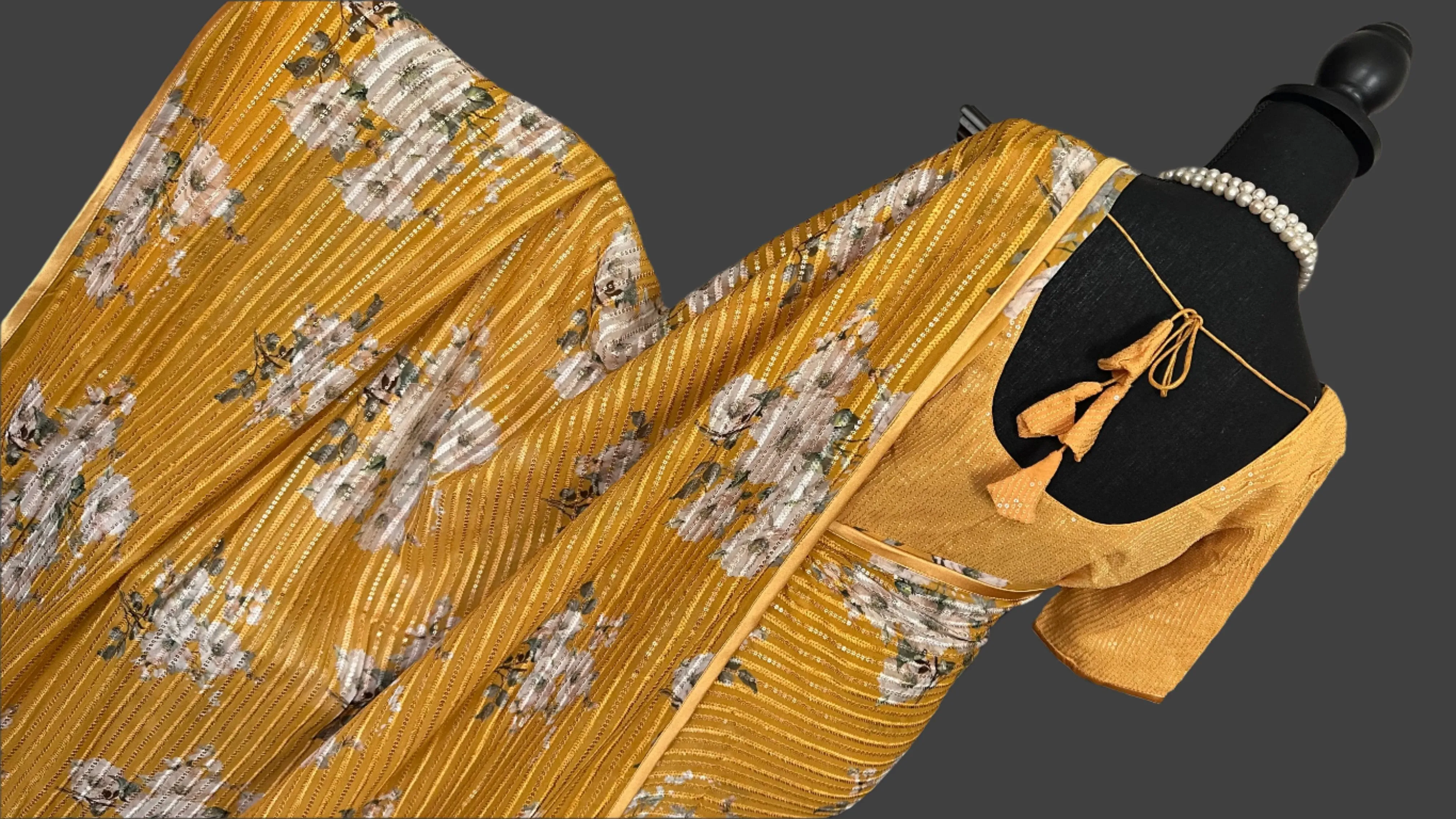 Mustard  Sequin georgette saree digital print with prestitched blouses