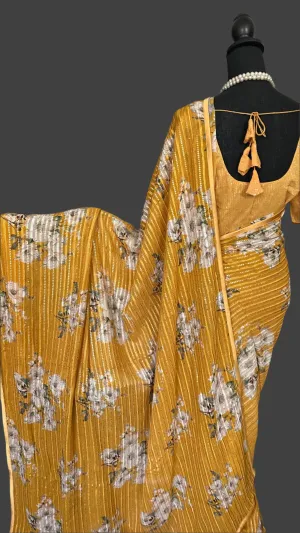Mustard  Sequin georgette saree digital print with prestitched blouses