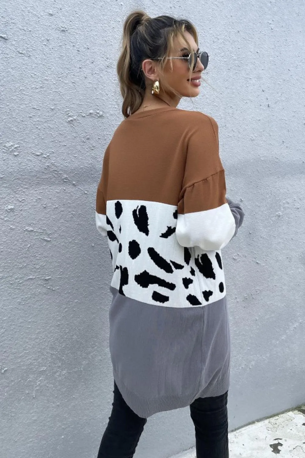 My Defense Leopard Color Block Open Front Cardigan