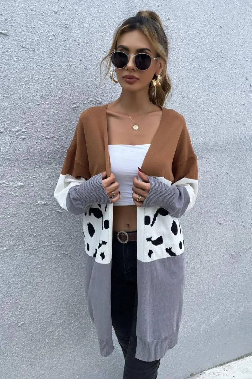 My Defense Leopard Color Block Open Front Cardigan