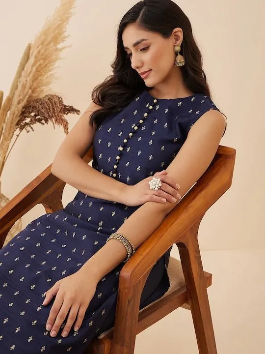 Navy blue Ethnic Motif Woven Design Straight Kurta with Trousers
