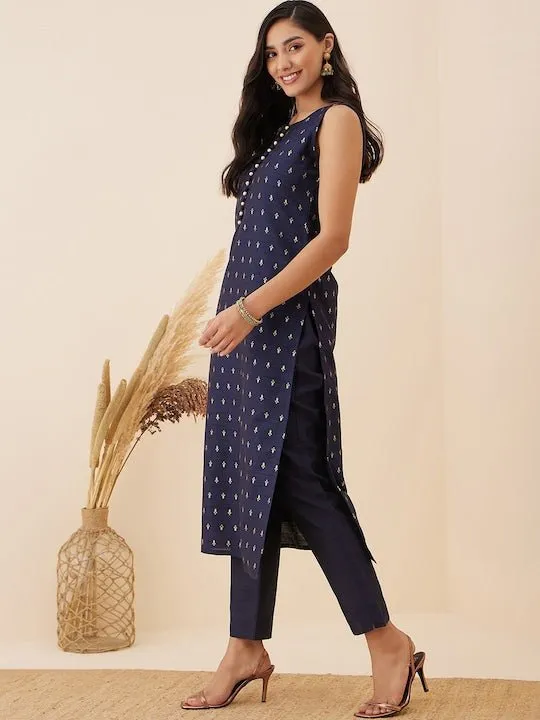 Navy blue Ethnic Motif Woven Design Straight Kurta with Trousers