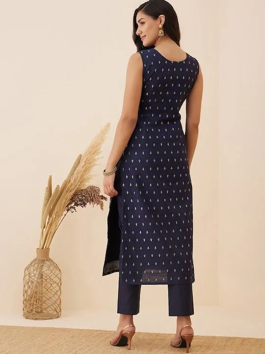Navy blue Ethnic Motif Woven Design Straight Kurta with Trousers