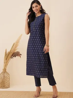 Navy blue Ethnic Motif Woven Design Straight Kurta with Trousers