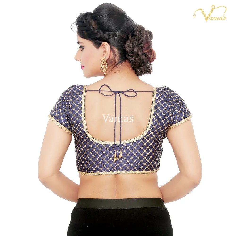 Navy Blue Vamas Dupion Silk Front Open Ready Made Blouse