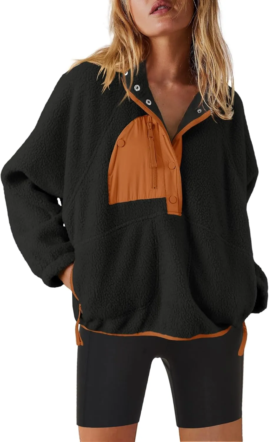 Nirovien Womens Fleece Pullover Long Sleeve Sherpa Jacket Button Down Fuzzy Sweatshirt Warm Outwear with Pockets