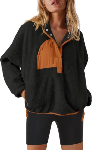 Nirovien Womens Fleece Pullover Long Sleeve Sherpa Jacket Button Down Fuzzy Sweatshirt Warm Outwear with Pockets