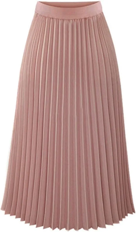 NREALY Skirt Womens Solid Pleated Elegant Midi Elastic Waist Maxi Skirt