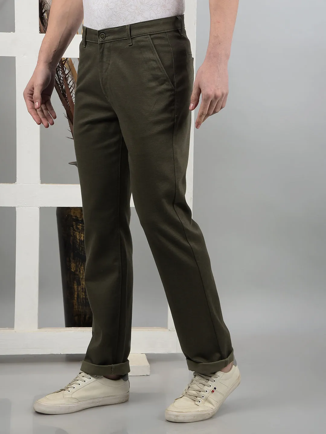 Olive Printed Straight Trousers