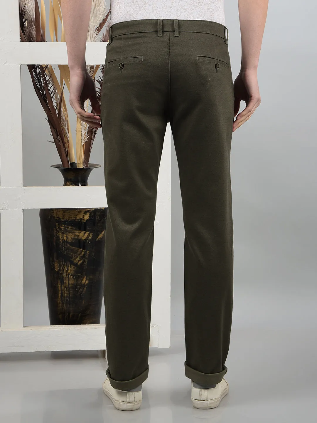 Olive Printed Straight Trousers
