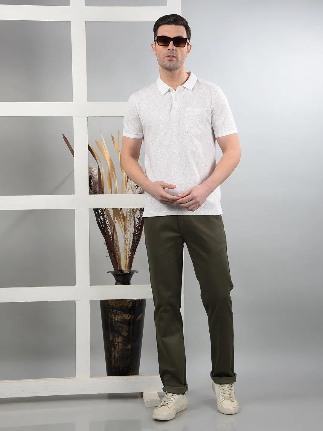 Olive Printed Straight Trousers
