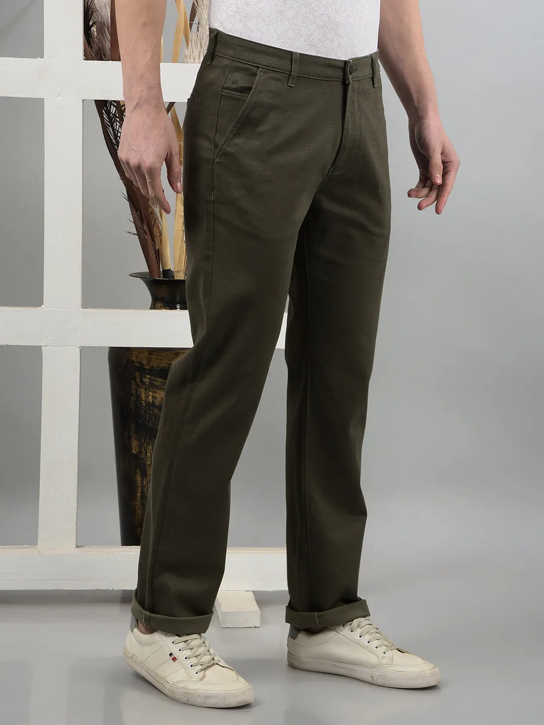 Olive Printed Straight Trousers