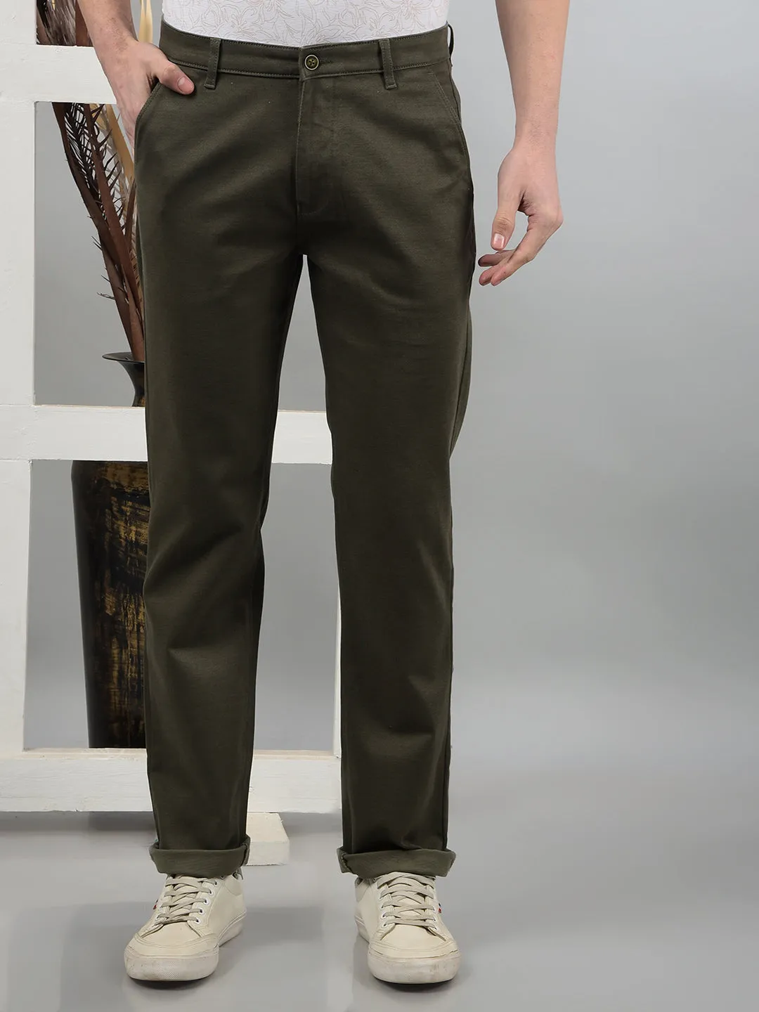 Olive Printed Straight Trousers